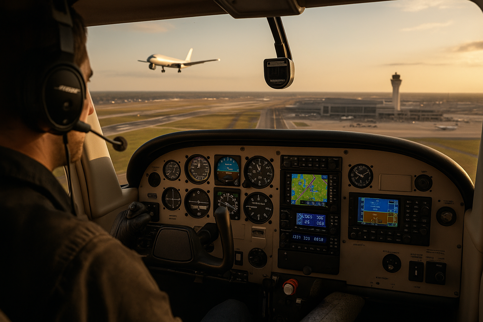 Single-engine training aircraft approaching a busy Class B airport with multiple traffic and control tower activity visible in the background, highlighting traffic density and communication demands.