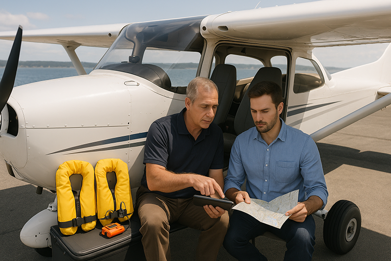 General aviation aircraft crossing blue coastal water with shoreline and route planning context