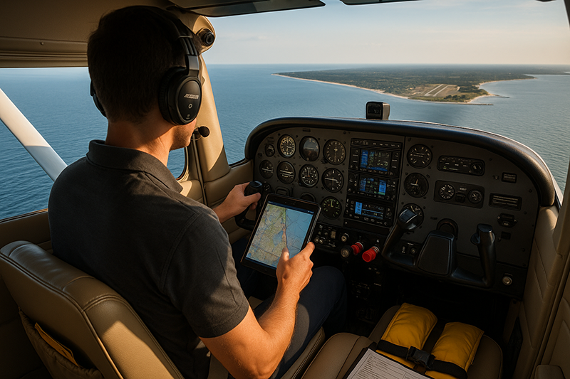 Single-engine airplane crossing a coastal shoreline with water, islands, and route planning context