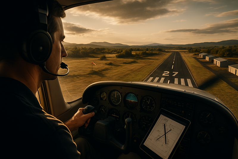 Pilot reviewing an airport diagram and approach plan before flying into an unfamiliar airport