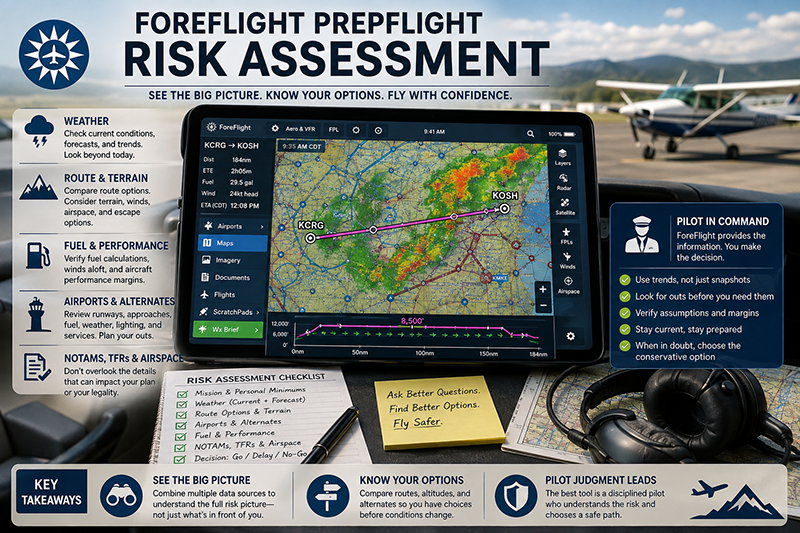 Pilot reviewing ForeFlight weather, NOTAMs, and route data during preflight planning in a cockpit