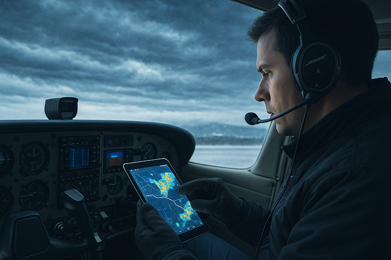 Pilot reviewing freezing level and icing weather charts during winter flight planning