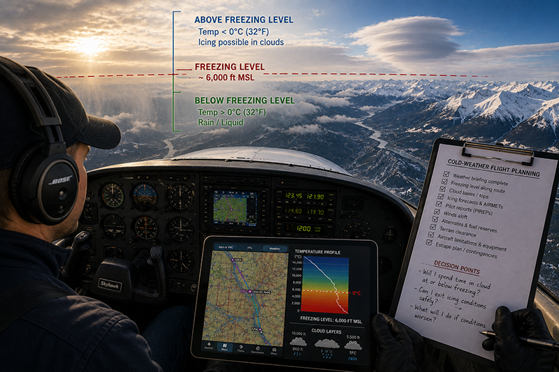 Pilot reviewing freezing level weather data on a tablet before a cold-weather IFR flight