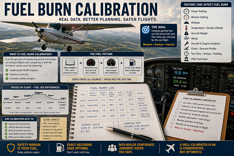 Pilot reviewing aircraft fuel burn data and flight planning notes in a general aviation cockpit