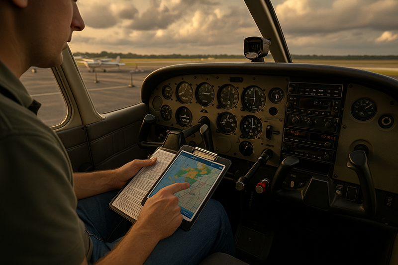 Pilot reviewing fuel planning and reserve calculations before a general aviation cross-country flight