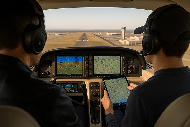 Air traffic controllers and diverse aircraft types working in a modern controlled airspace environment with radars and displays visible