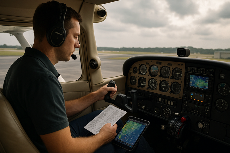 Pilot reviewing weather and route planning to improve general aviation accident decision-making