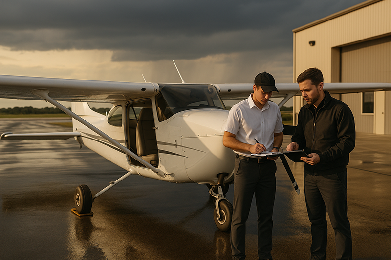 Pilot reviewing cross-country flight planning and risk decisions beside a general aviation aircraft