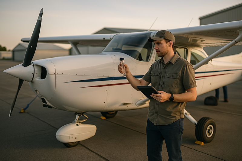 Pilot reviewing weather, fuel, and aircraft planning materials before a general aviation flight