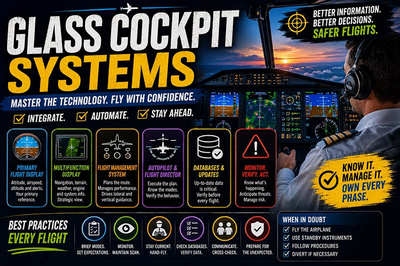 Cockpit view of glass cockpit primary flight display and multifunction display showing approach navigation and engine data during flight