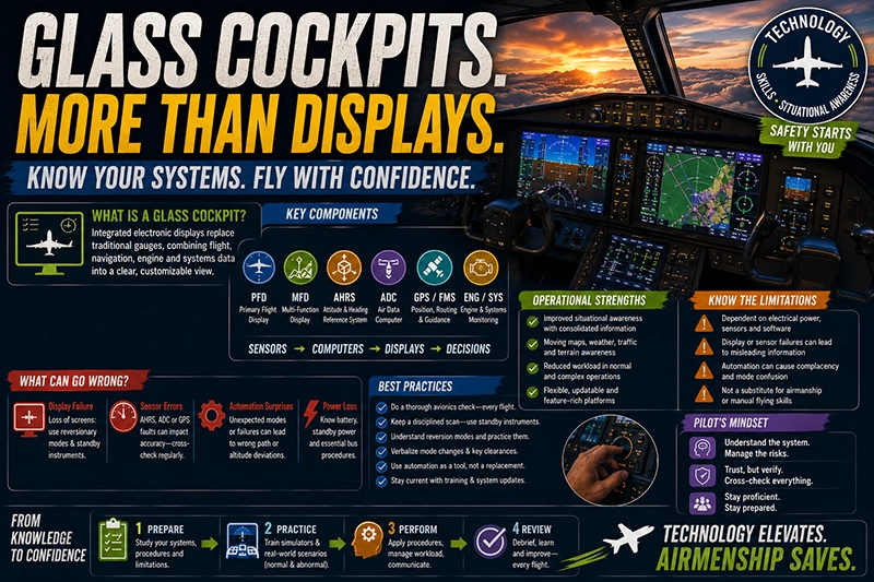 Glass cockpit primary flight and multi-function displays in a modern general aviation cockpit during flight