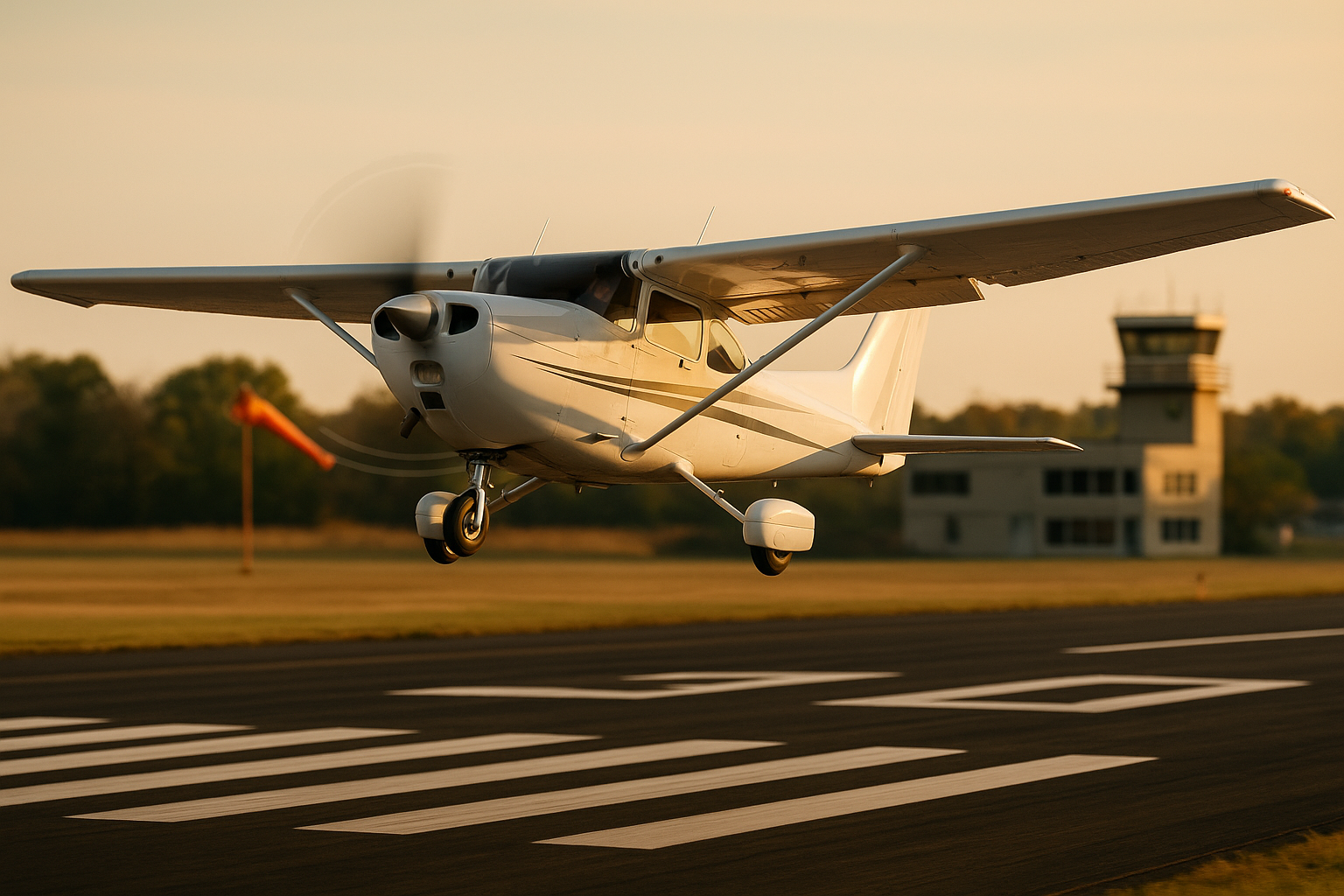 A commercial light aircraft executing a go-around over a runway at dusk, showing climb attitude and illuminated runway lights.