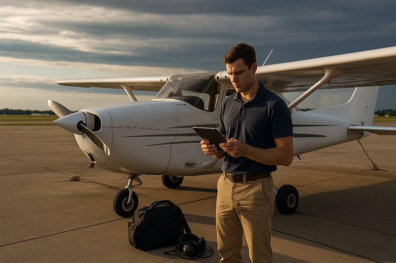 Pilot reviewing weather, route, and aircraft performance notes during a realistic go/no-go evaluation