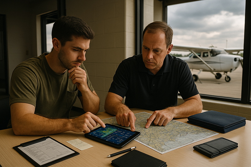 Pilot reviewing weather and aircraft planning documents during a realistic preflight go/no-go evaluation