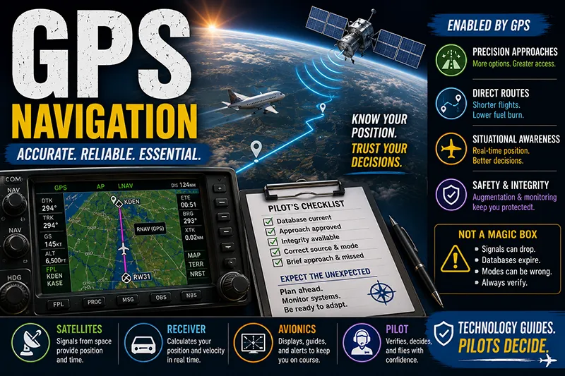 Cockpit glass panel showing GPS moving-map navigation and approach guidance in a general aviation aircraft during daytime flight