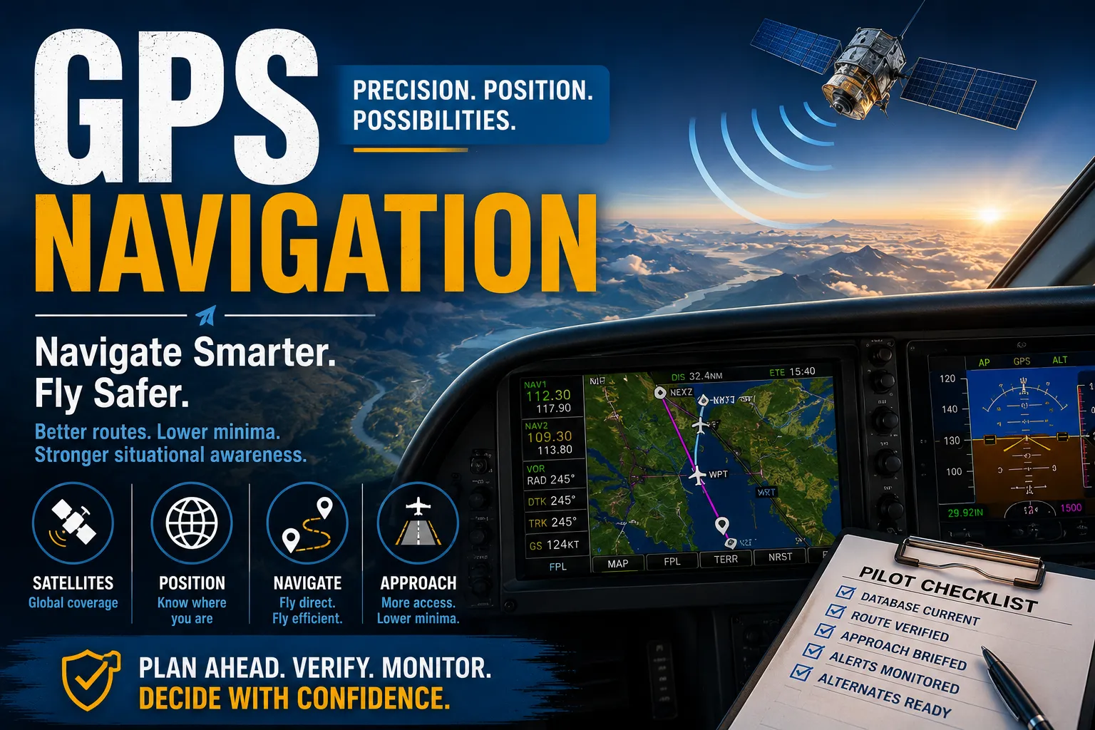 Pilot view of a modern glass cockpit with GPS navigation map, flight plan route, and approach depiction during flight operations