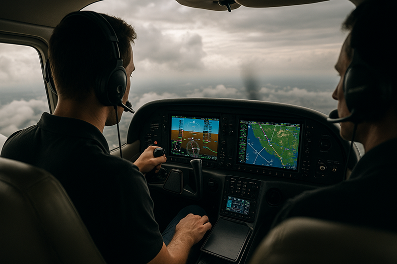 Pilot reviewing an amended IFR route on a cockpit display during a cross-country flight