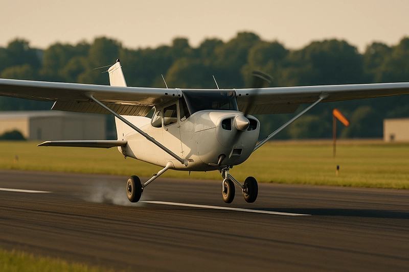 Light single-engine aircraft on final approach and touchdown with visible firm contact; training context focusing on preventing hard landings and protecting landing gear.