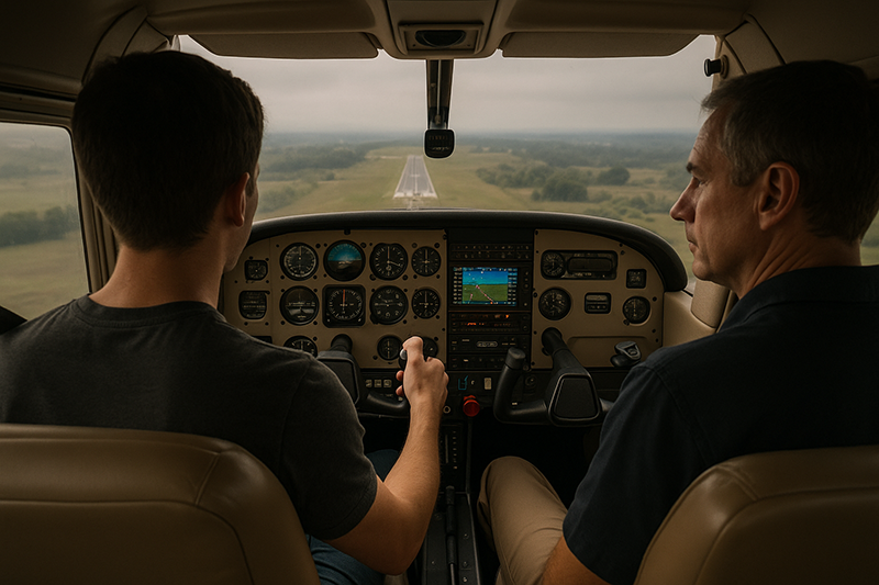 Pilot reviewing a cockpit checklist and weather display while considering aviation decision-making risks