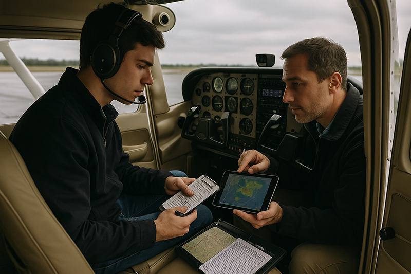Pilot reviewing a preflight risk assessment in a cockpit before a general aviation training flight