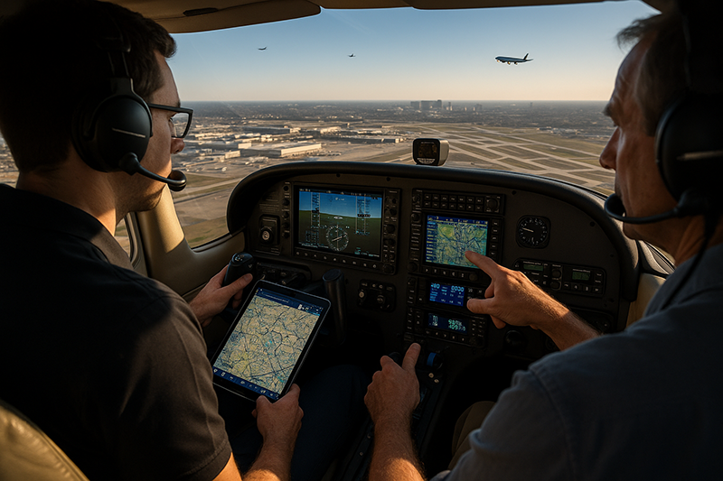 Pilot reviewing a terminal area chart and radio frequencies before high-density airspace operations