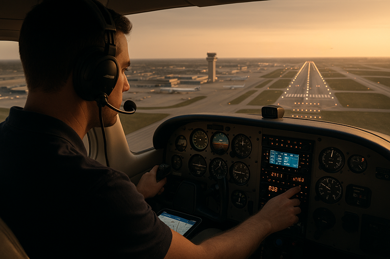Pilot reviewing terminal airspace charts and avionics before entering a busy controlled airspace area
