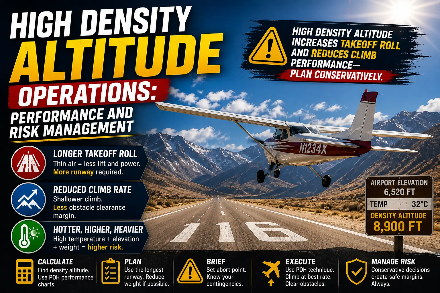 Light airplane taking off from a high-elevation airport on a hot day illustrating density altitude effects