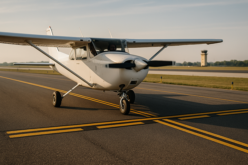 Training aircraft stopped at a runway hold short line while pilots review airport surface signs