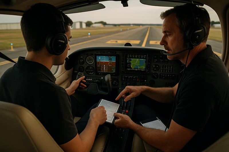 Pilot and instructor reviewing cockpit human factors during a general aviation training flight