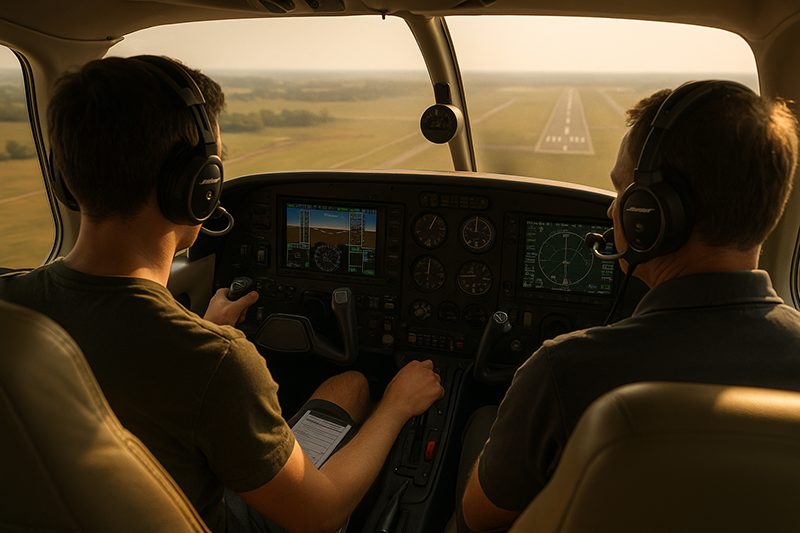 Pilot reviewing cockpit checklist while managing human factors during flight training preparation
