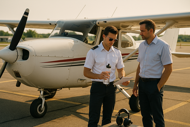 Pilot with water bottle reviewing a flight plan beside a training aircraft on a warm ramp