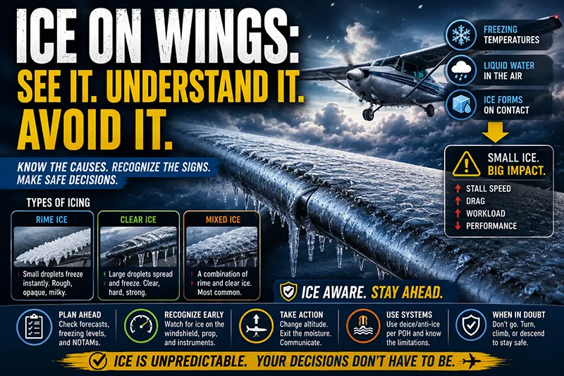 Single-engine aircraft with light ice accumulation forming on wing leading edge during flight through cloud