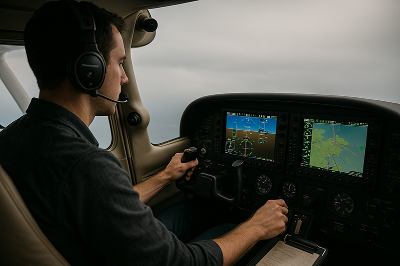 Instrument pilot reviewing an amended IFR route on avionics while maintaining cockpit workload awareness