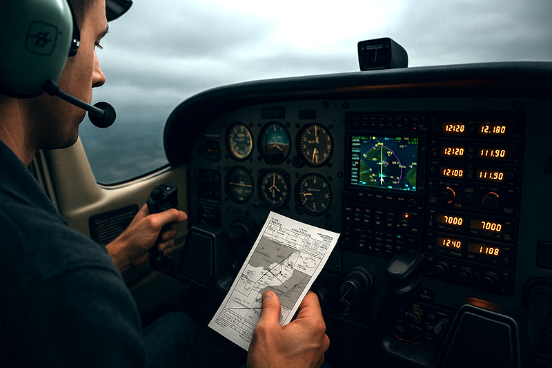 Instrument pilot managing avionics, charts, and radios during an IFR arrival in a training aircraft cockpit