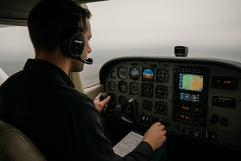 Instrument pilot managing avionics, charts, and flight instruments during an IFR training flight