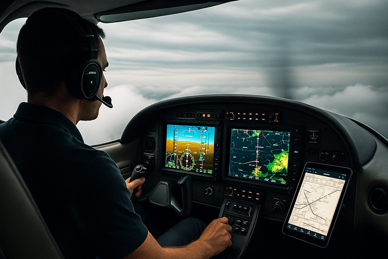 Pilot managing avionics and approach charts during a busy IFR flight in a modern cockpit