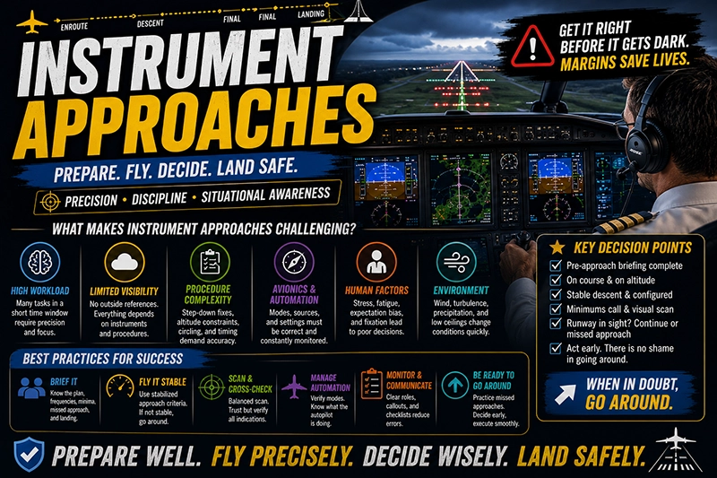 Single-engine aircraft flying an instrument approach over cloud layers toward a lit runway at dusk, with cockpit instruments visible indicating navigation guidance.