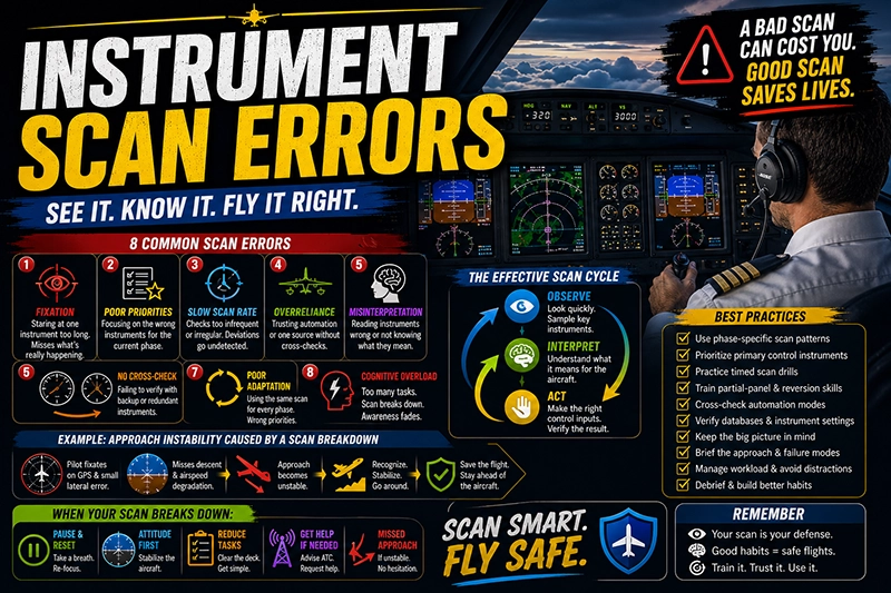 Cockpit view of flight instruments and primary flight display during an instrument approach, showing a pilot monitoring multiple instruments for attitude, altitude, and navigation.