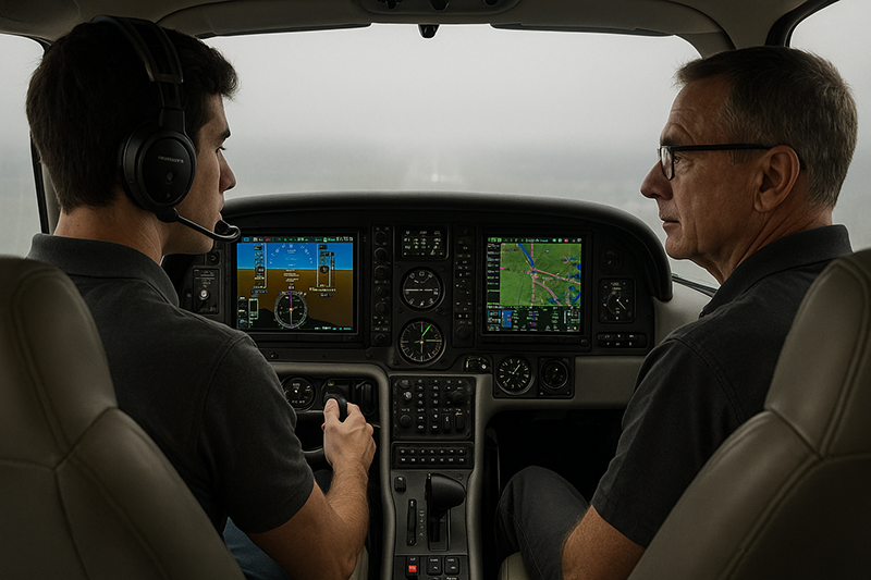Pilot practicing an IFR instrument scan in a training aircraft cockpit with flight instruments visible