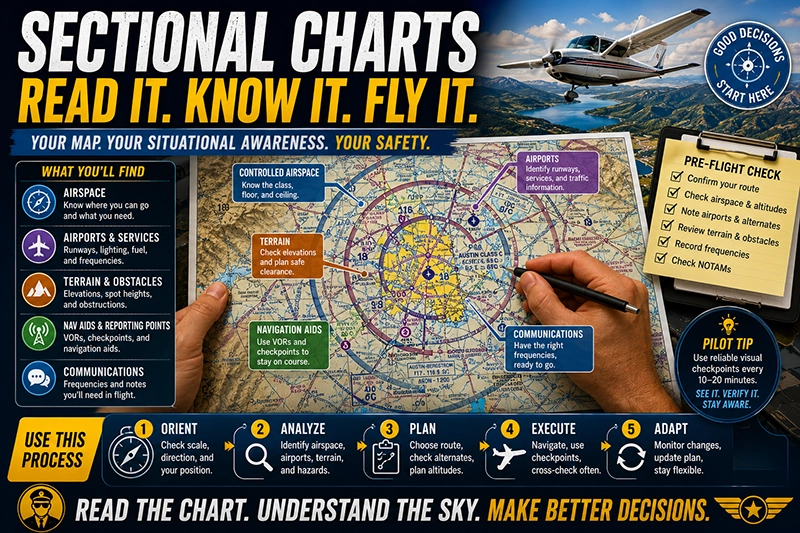 Pilot studying a sectional chart on a kneeboard showing airspace boundaries, airports, terrain shading, and navigation checkpoints in flight planning.