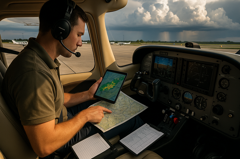 Pilot reviewing Convective SIGMET weather polygons on a tablet before a cross-country flight