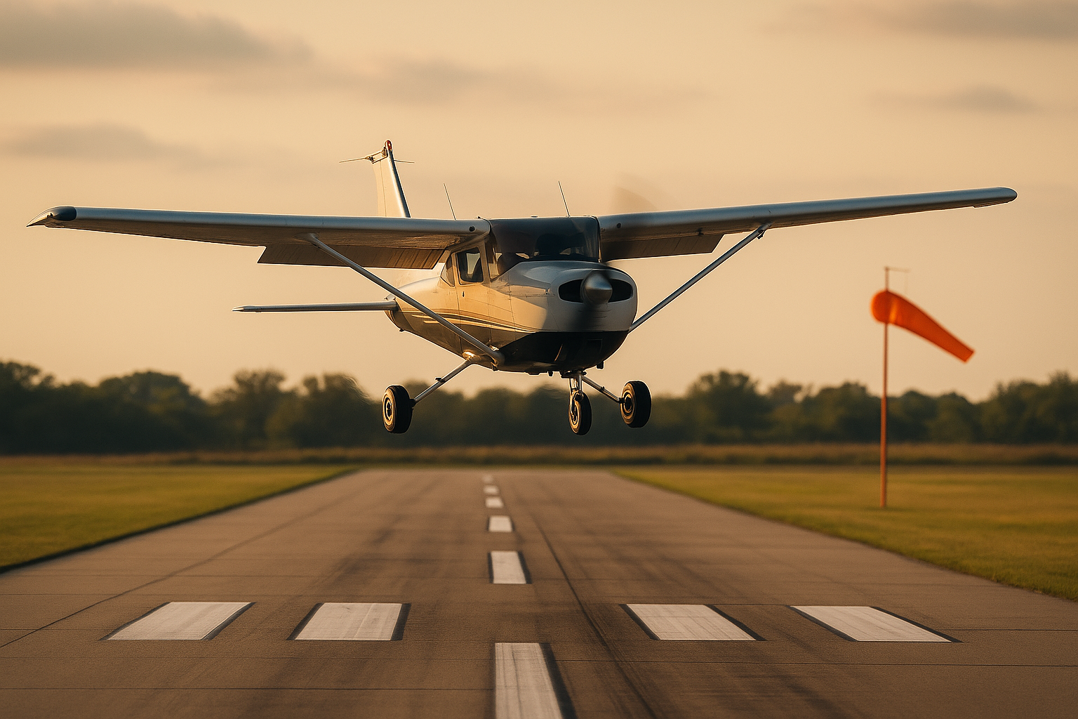Light single aircraft on final in a crosswind, pilot using aileron into the wind and coordinated rudder during landing in gusty conditions.