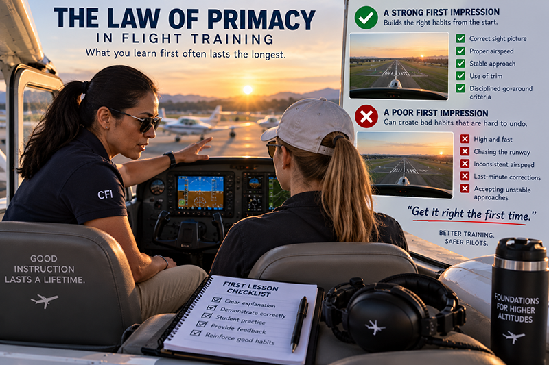 Flight instructor teaching a student pilot during an early cockpit lesson in a training aircraft