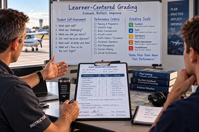 Flight instructor and student pilot debriefing a training flight with notes beside a light aircraft