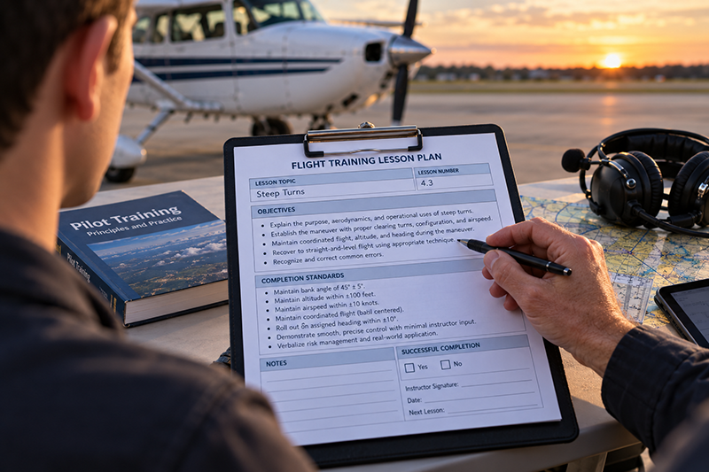 Flight instructor and student reviewing measurable lesson objectives before a training flight