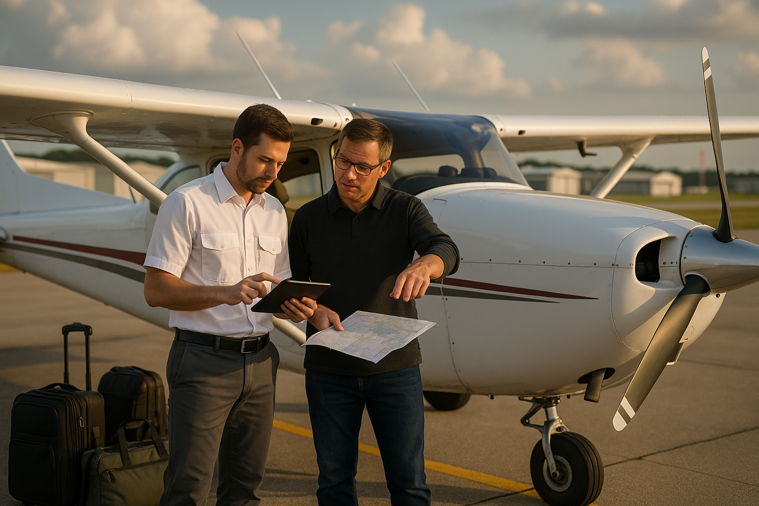Pilot reviewing route planning and weather before a long cross-country flight in a training aircraft cockpit