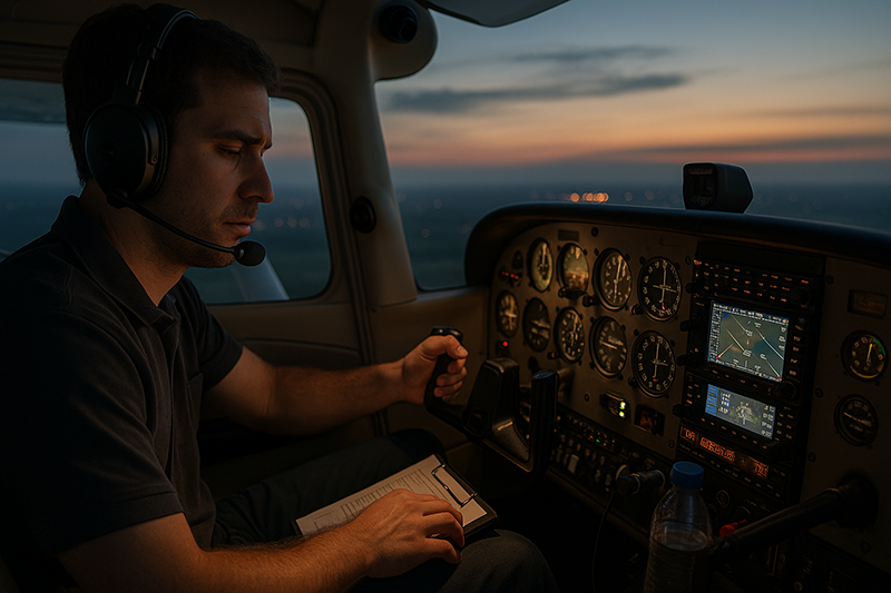Pilot reviewing a long-distance flight plan in a cockpit at sunset while managing fatigue risk