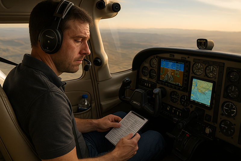 Pilot planning a long-distance flight at dawn with charts, headset, tablet, and fatigue risk notes