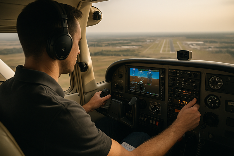 GA cockpit with radio stack and transponder during a lost communications training scenario