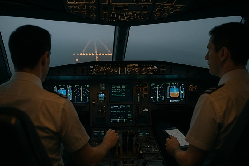 Airliner on instrument final approach through low visibility with runway approach lights and instrument landing guidance visible in reduced weather